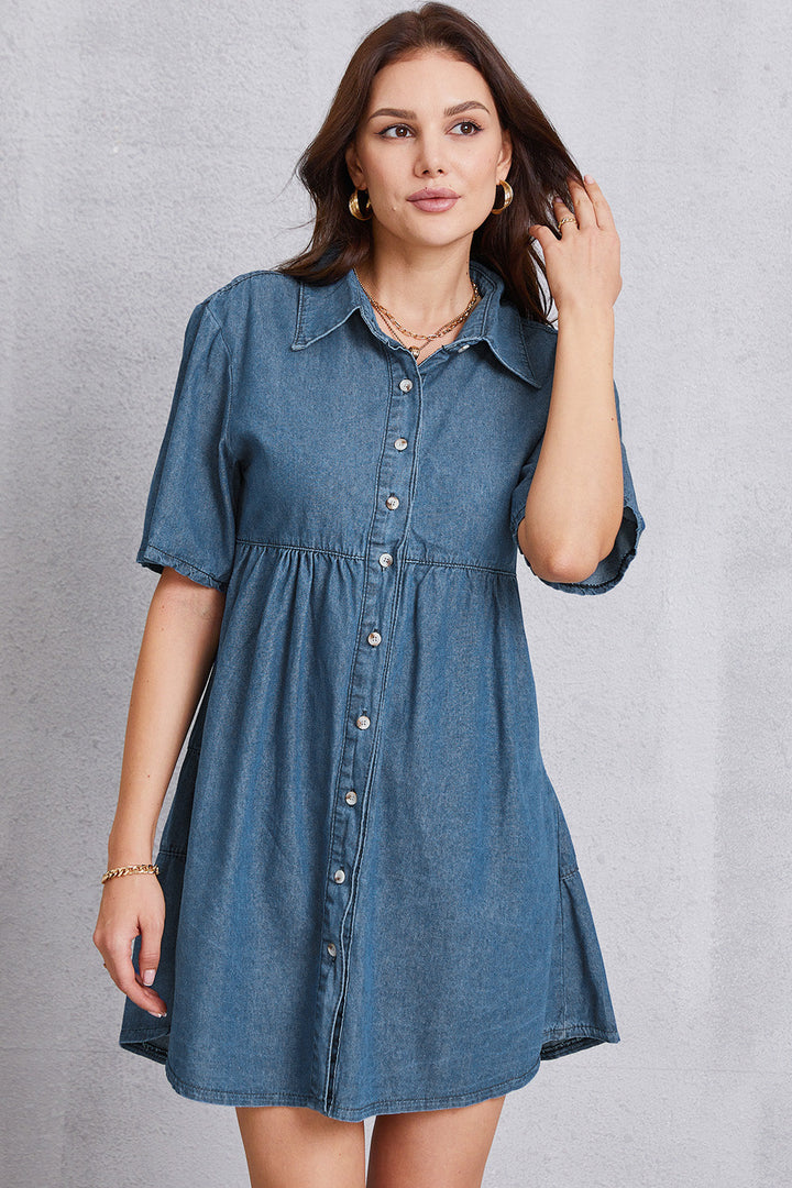 Stilla | Opkravet Hals Lagdelt Denim Kjole