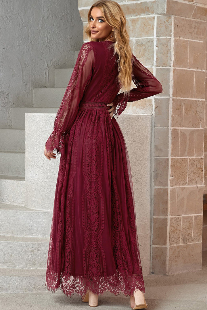 Stilla | Hem Flounce Ærme Blonde V-Hals Maxi Kjole