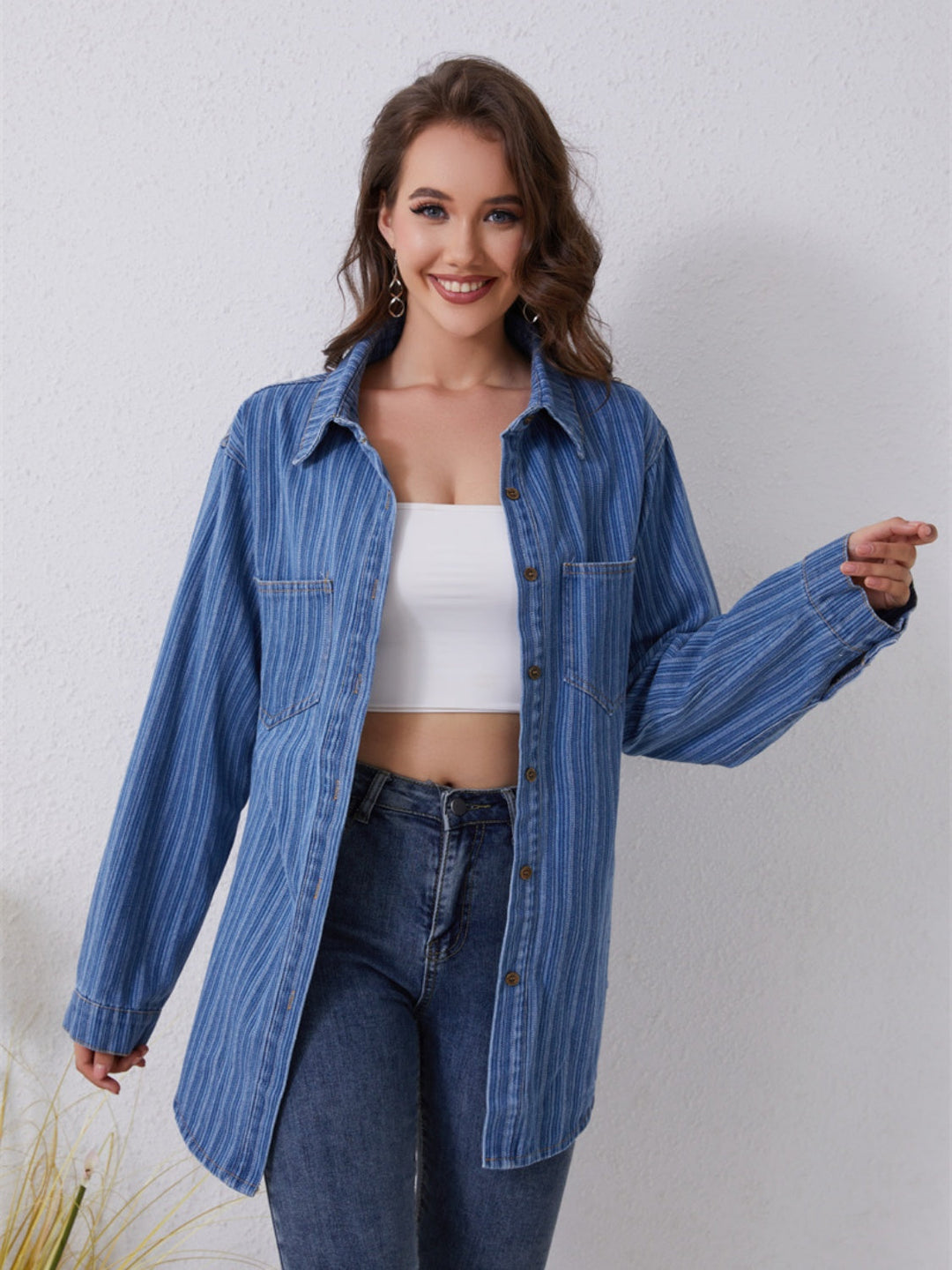 Stilla | Stribet Knappet Op Denim Skjorte