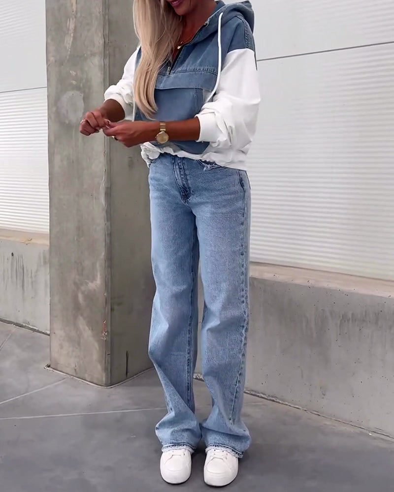 Stilla | Hætte trøje med lynlås og patchwork mønster i denim