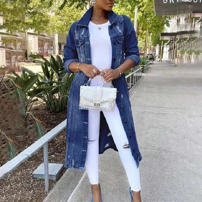 Stilla | Trenchcoat Denim Relaxed Fit Distressed Fuldstændig Knap Front