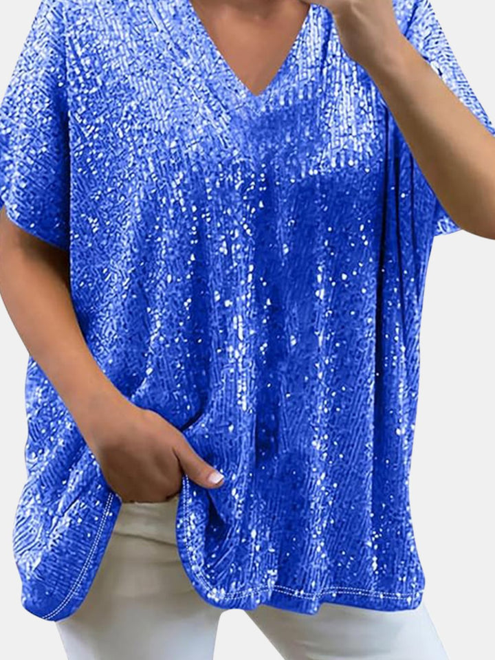 Stilla | Plus Size Paillet V-Hals Kortærmet Top