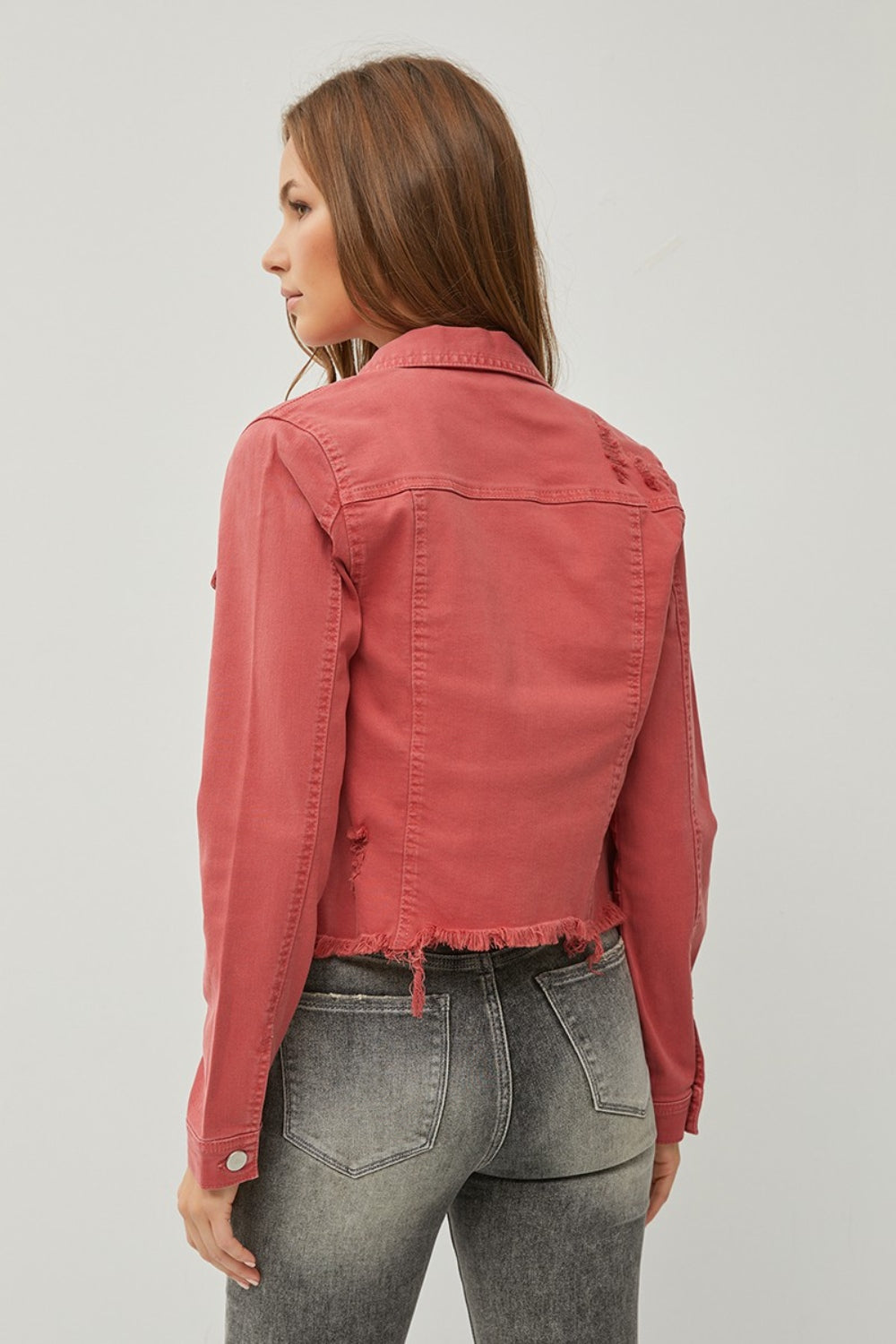 Stilla | Raw Hem Knap Op Forkortet Denim Jakke