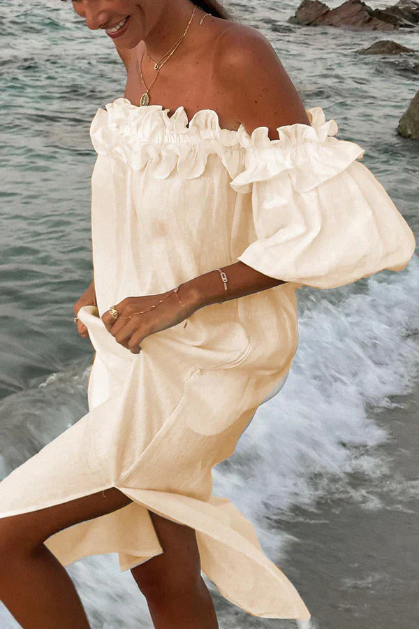 Stilla | Linnedragt Med Flæser Off-the-shoulder