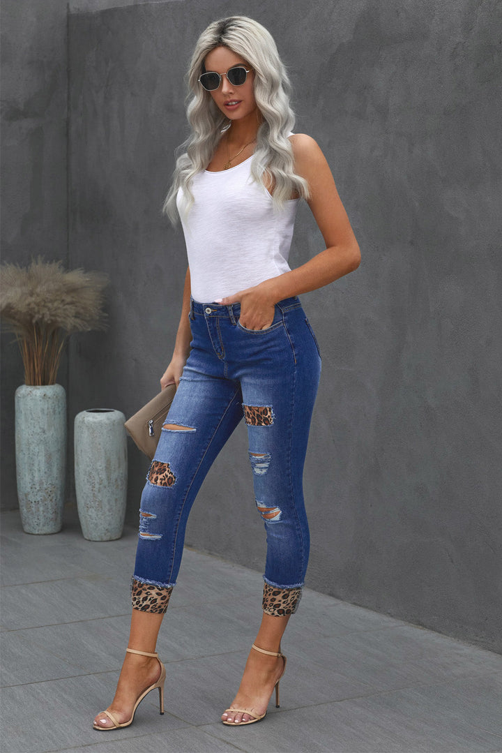 Stilla | Leopard Patch Distressed Cropped Jeans