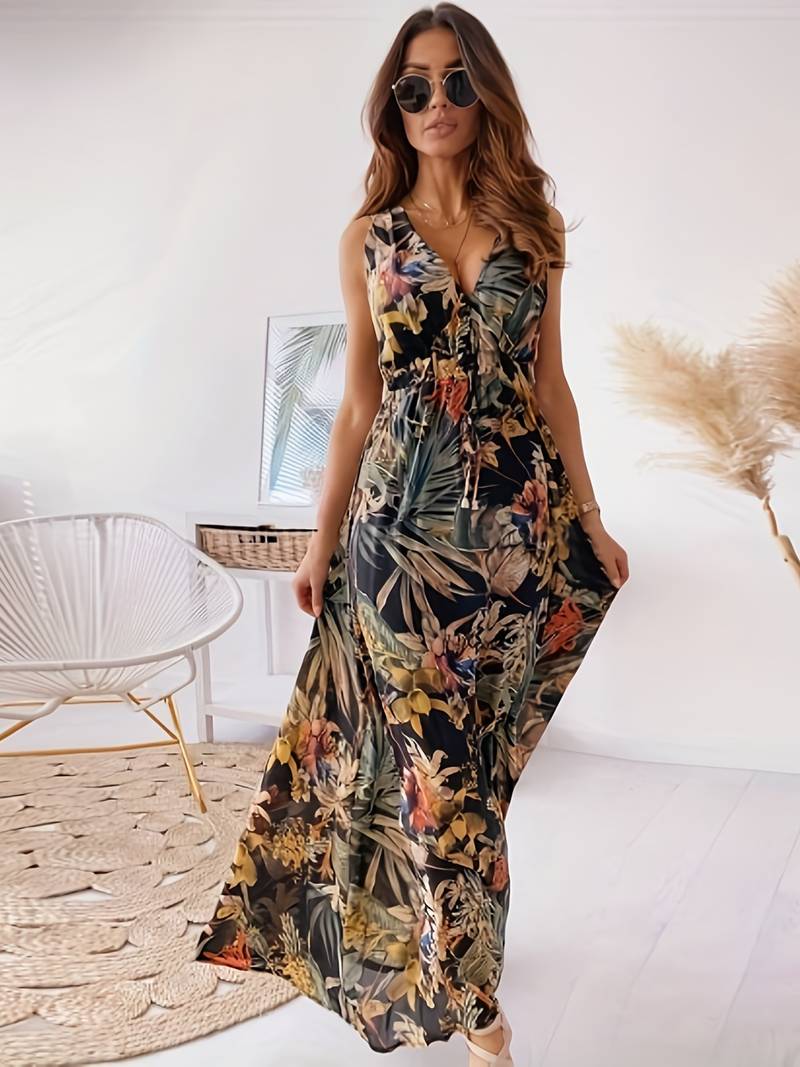 Stilla | Bohemian Kjole Med Snøre Og Tropisk Print