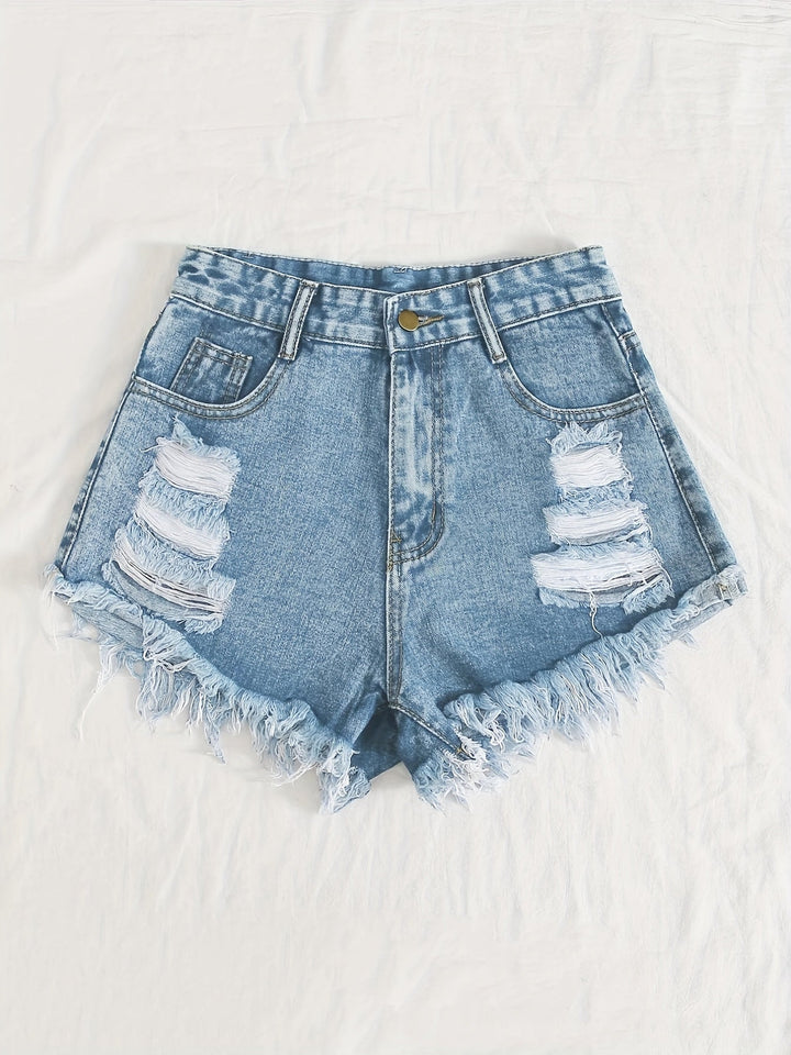 Stilla | Himmelblå Denimshorts Med Flosset Kant Og Rifter