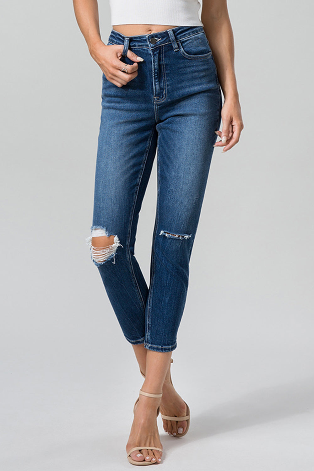 Stilla | Full Size Høj Talje Distressed Vasket Cropped Mom Jeans