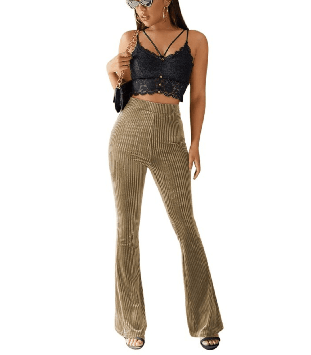 Stilla | Guld Velvet Pit Stribet Flare Bukser