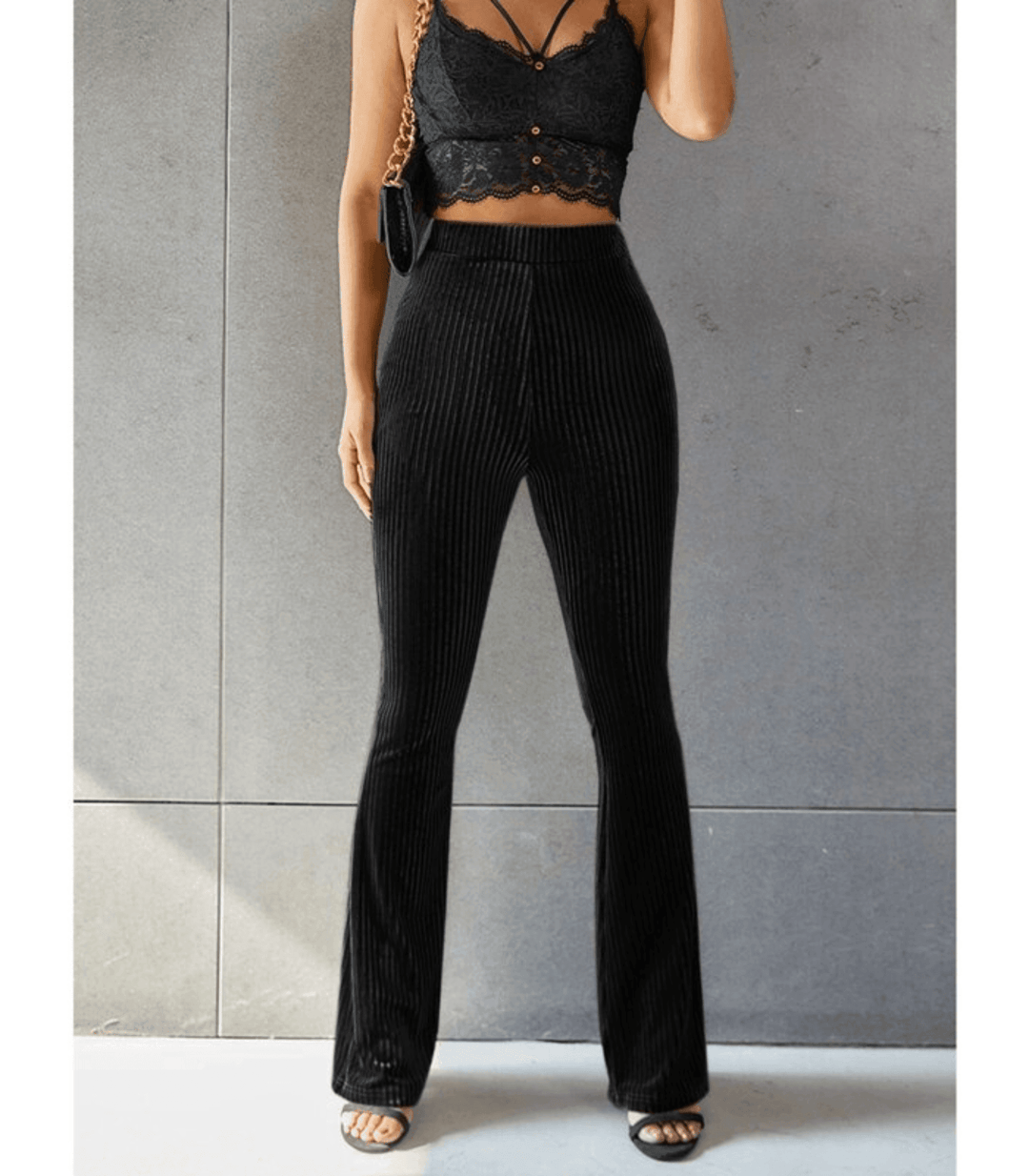 Stilla | Guld Velvet Pit Stribet Flare Bukser