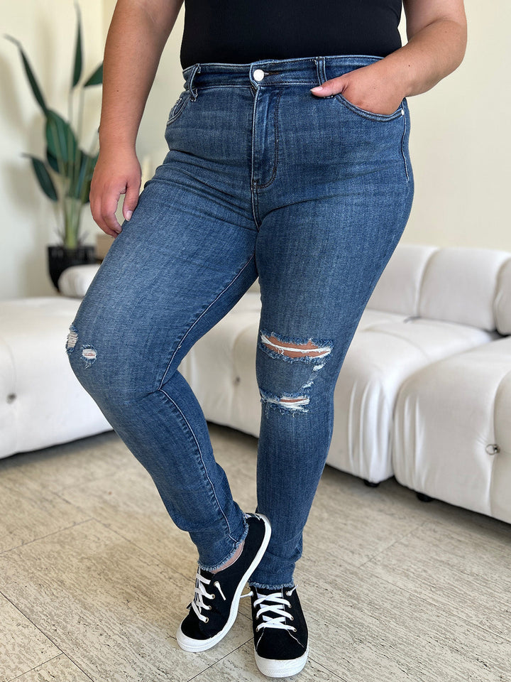 Stilla | Blå Plus Size Høj Talje Distressed Skinny Jeans