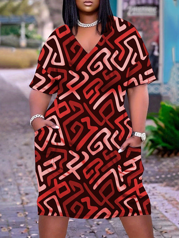 Stilla | Plus Size Kjole Med Striber Og V-Hals S Og Korte Ærmer Elegant