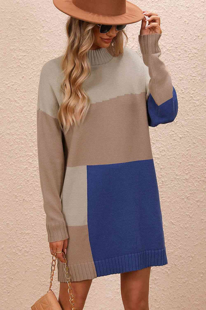 Stilla | Block Mock Neck Drop Shoulder Sweater Dress