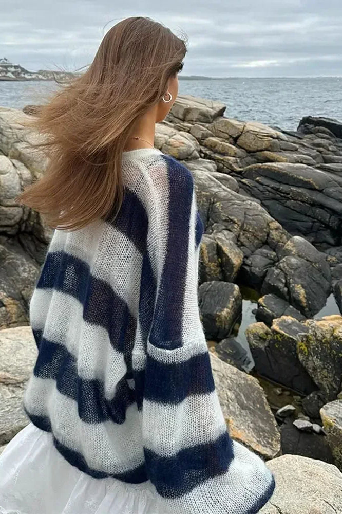 Stilla | stribet V-udskæring strik cardigan