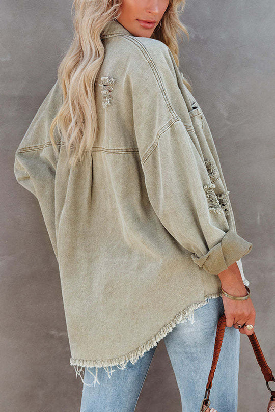 Stilla | Revers Langærmet Ripped Denim Jakke