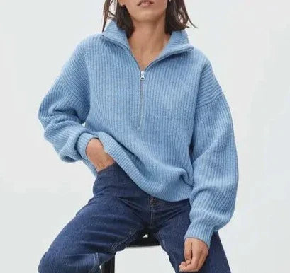 Stilla | Cozy Tykt Strik Sweater med Lynlås Krave til Afslappet Varme