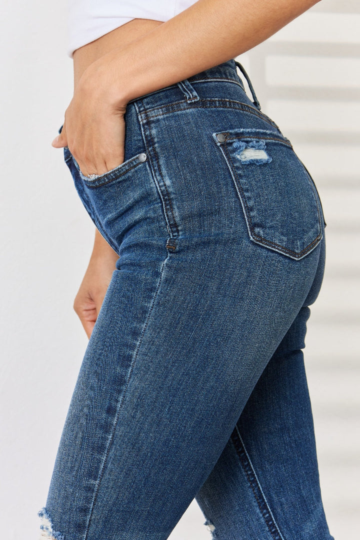 Stilla | Blå Full Size Mid Waist Distressed Slim Jeans