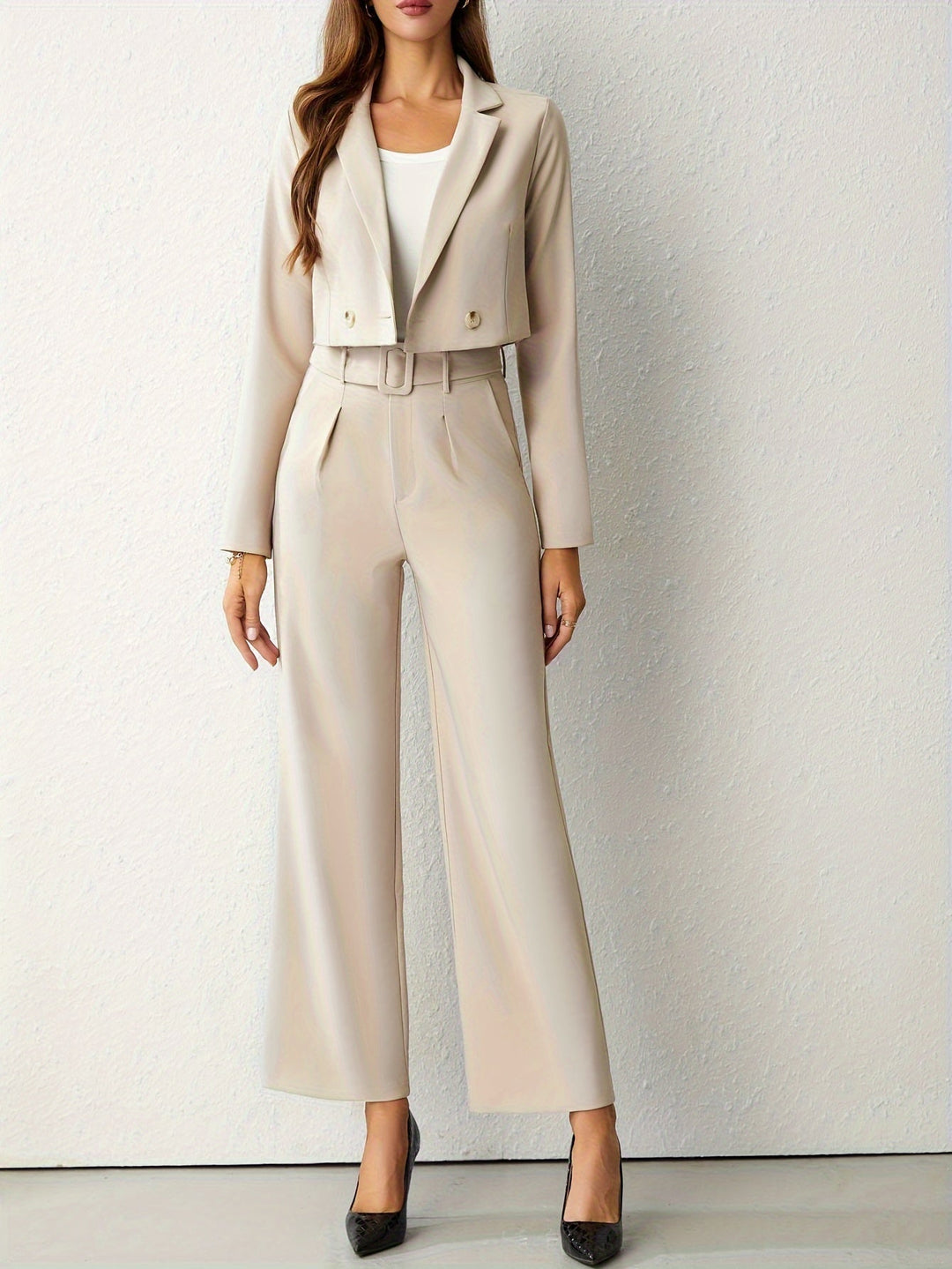 Stilla | Elegante Beige Reversblå Jakke Og Bukser Med Lige Ben