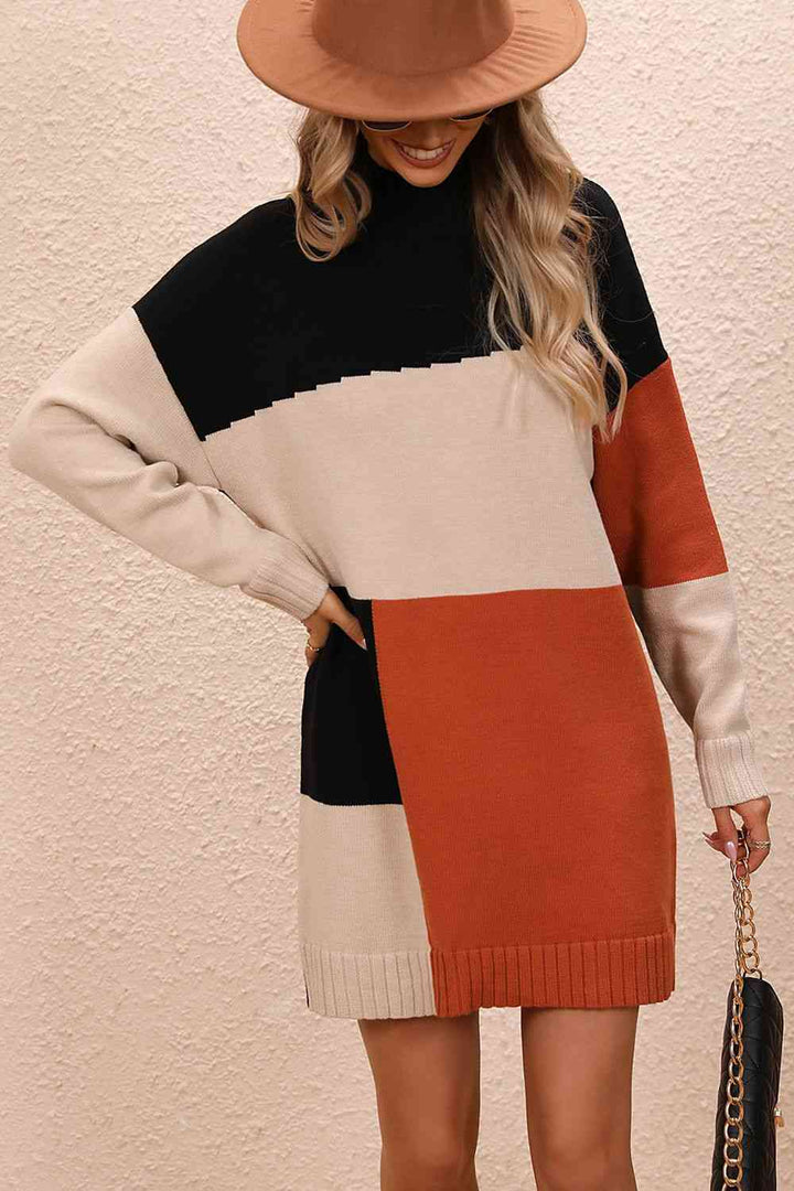 Stilla | Block Mock Neck Drop Shoulder Sweater Dress
