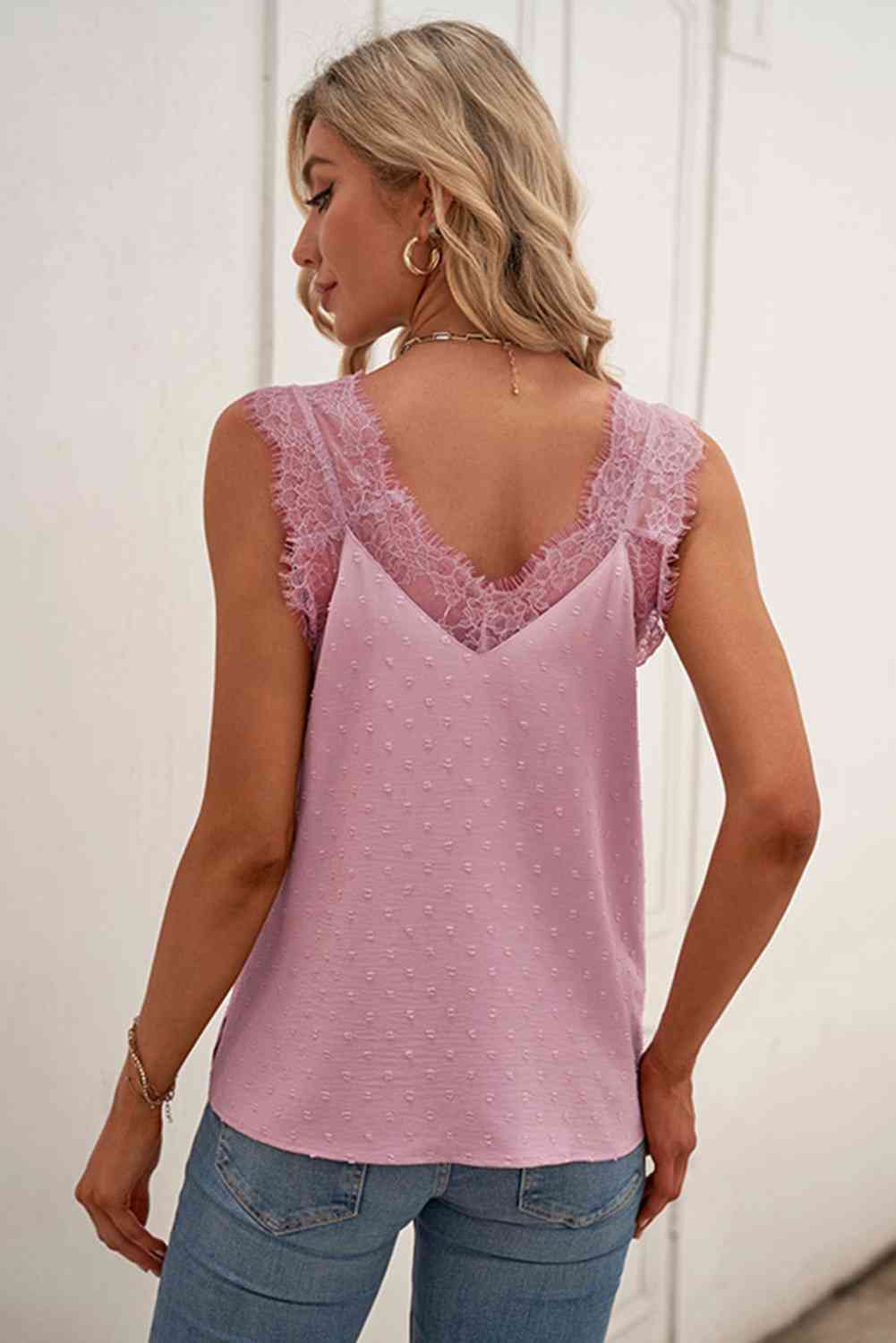 Stilla | Swiss Dot Blonde Kant Trim V-hals Tank