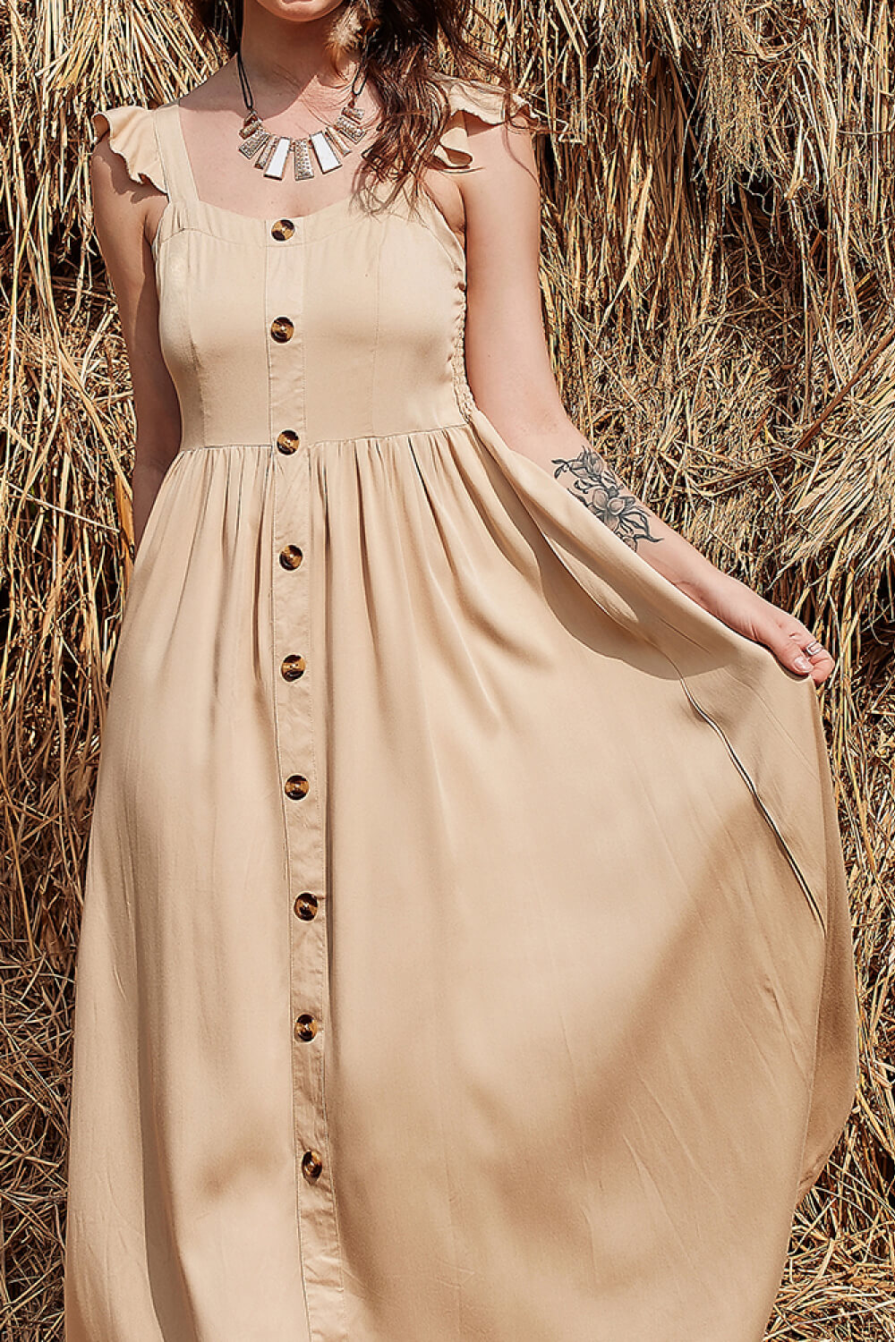 Stilla | Knap Rynket Trim Smocket Maxi Kjole