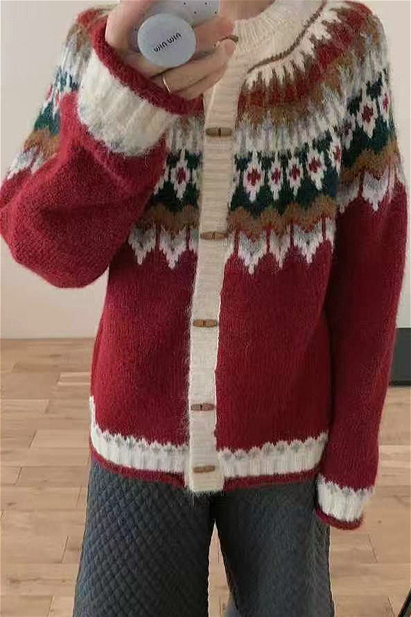 Stilla | Rundhals Fair Isle Jul Hornknap Strikjakke