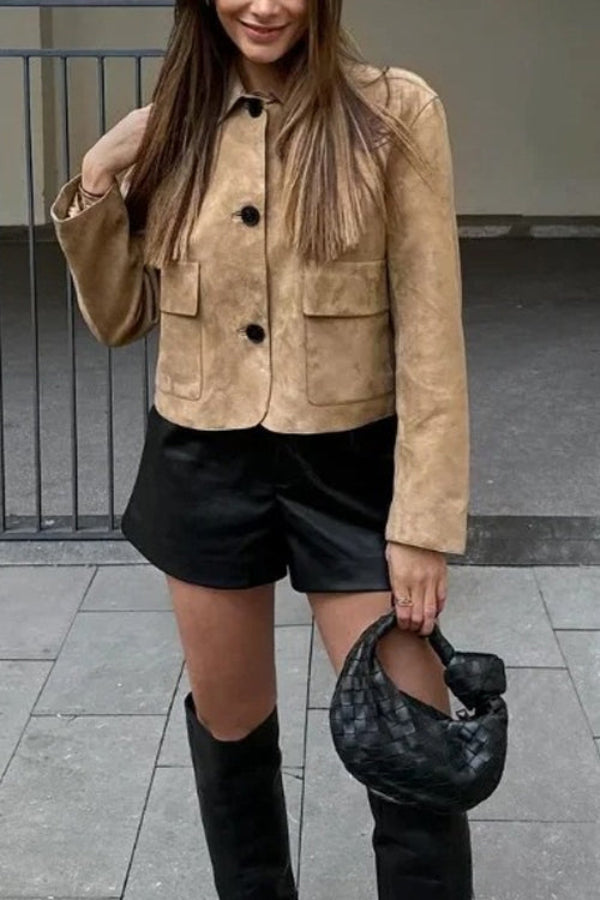 Stilla | Knaplukning Lomme Faux Suede Crop Jakke