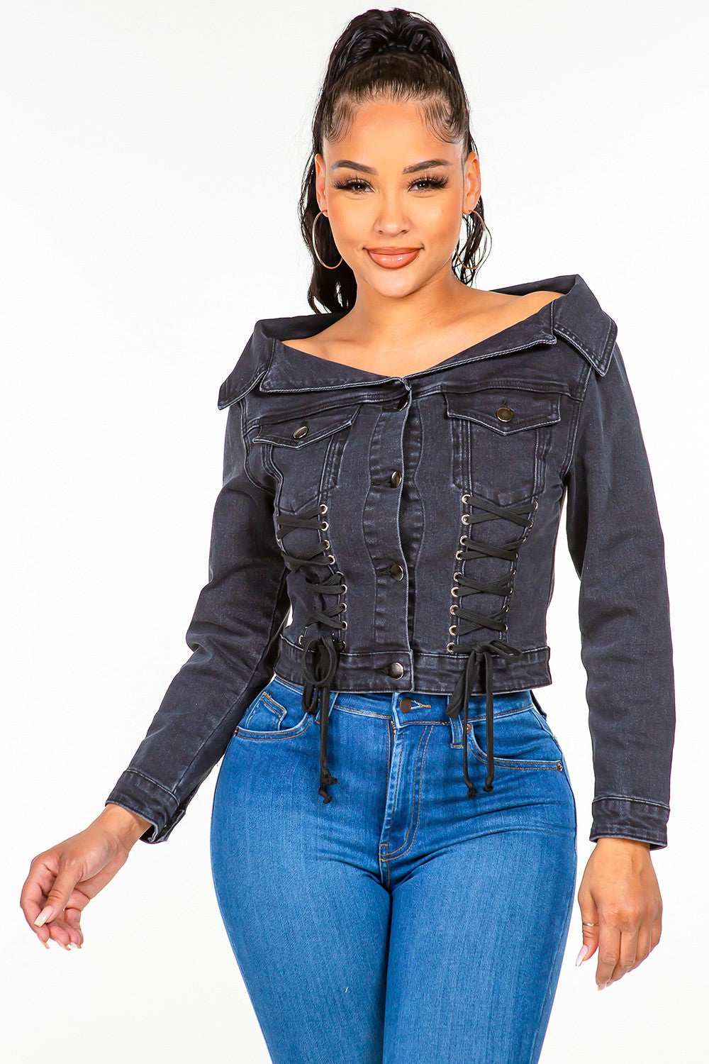 Stilla | Bazi Off Shoulder Snøreop Denim Jakke