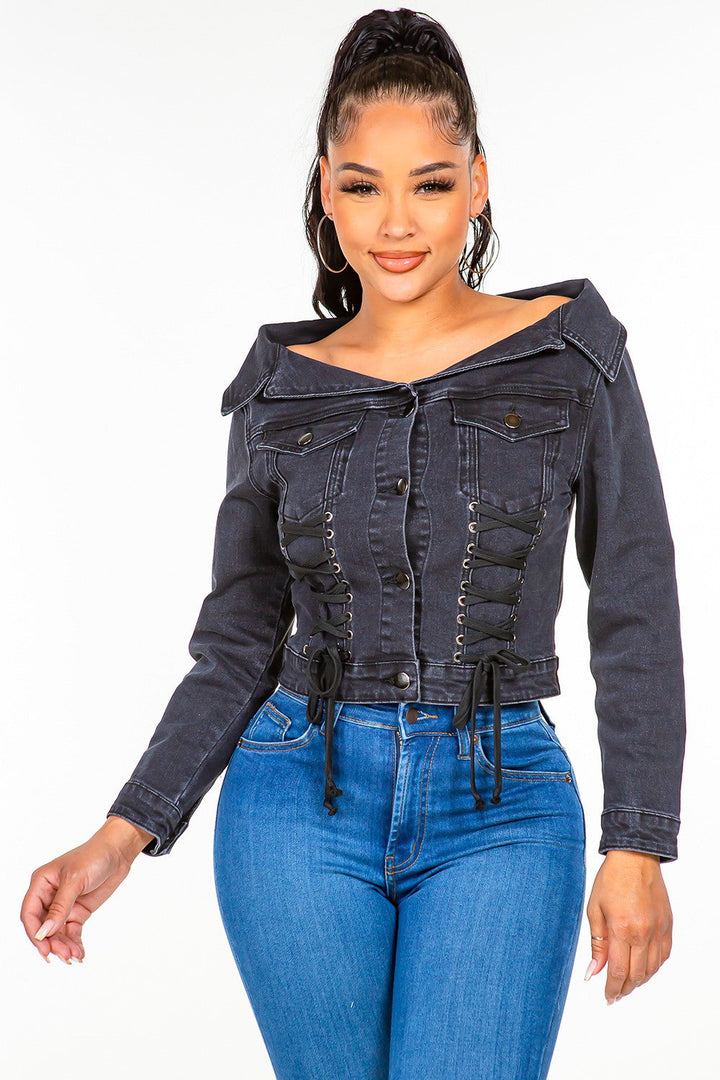 Stilla | Bazi Off Shoulder Snøreop Denim Jakke