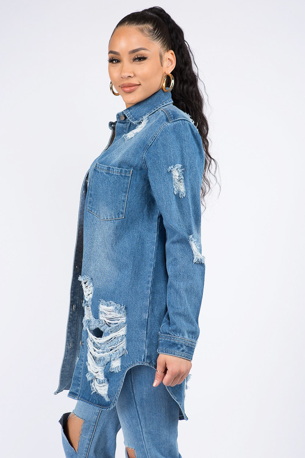 Stilla | Bazi Distressed Knap Ned Denim Skjorte Jakke
