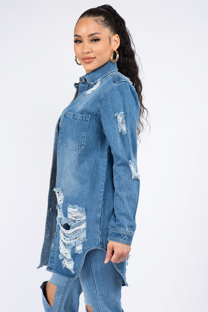 Stilla | Bazi Distressed Knap Ned Denim Skjorte Jakke