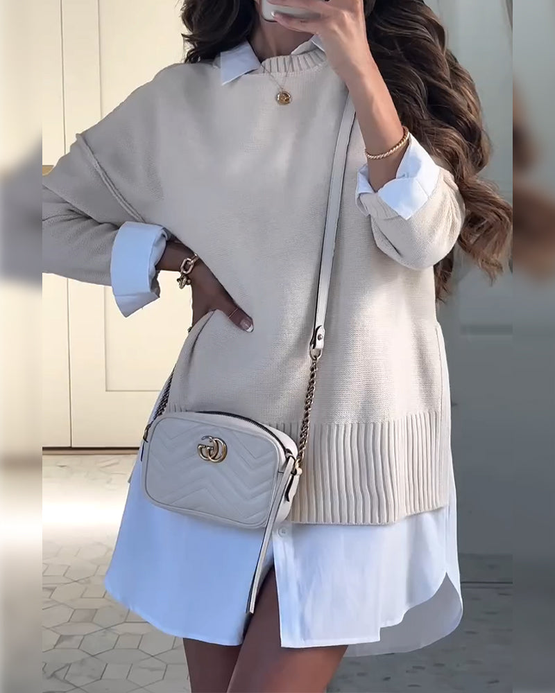 Stilla | Sæt med Rundhalet Sweater med Slidskant og Skjorte