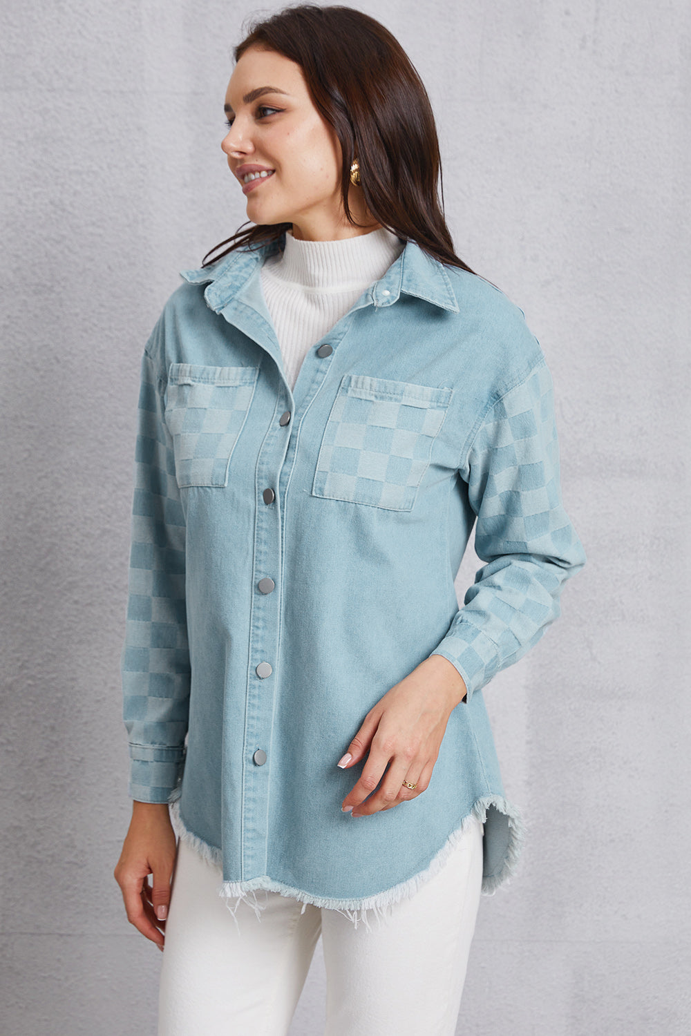 Stilla | Hem Tjekket Faldet Skulder Denim Jakke