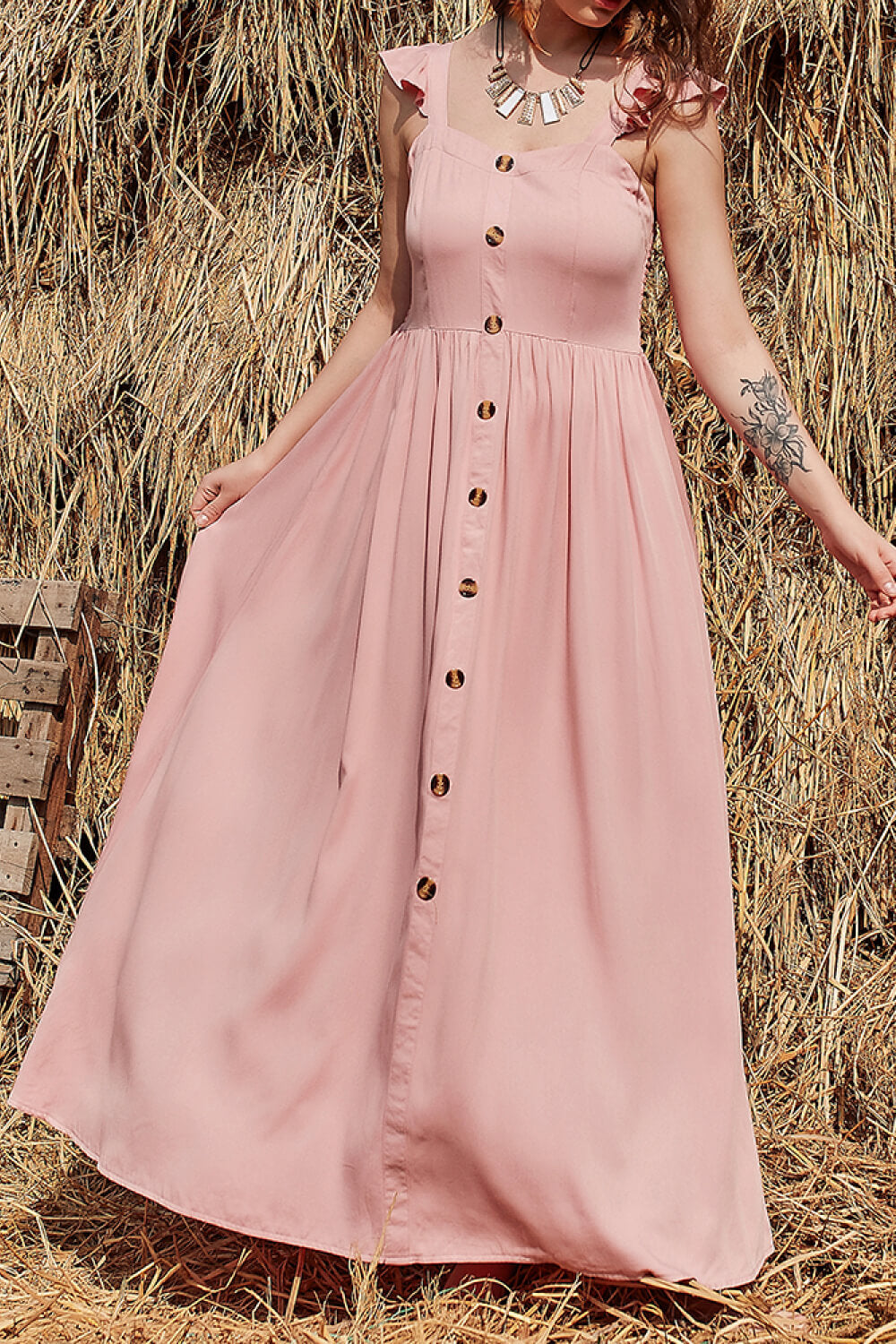 Stilla | Knap Rynket Trim Smocket Maxi Kjole