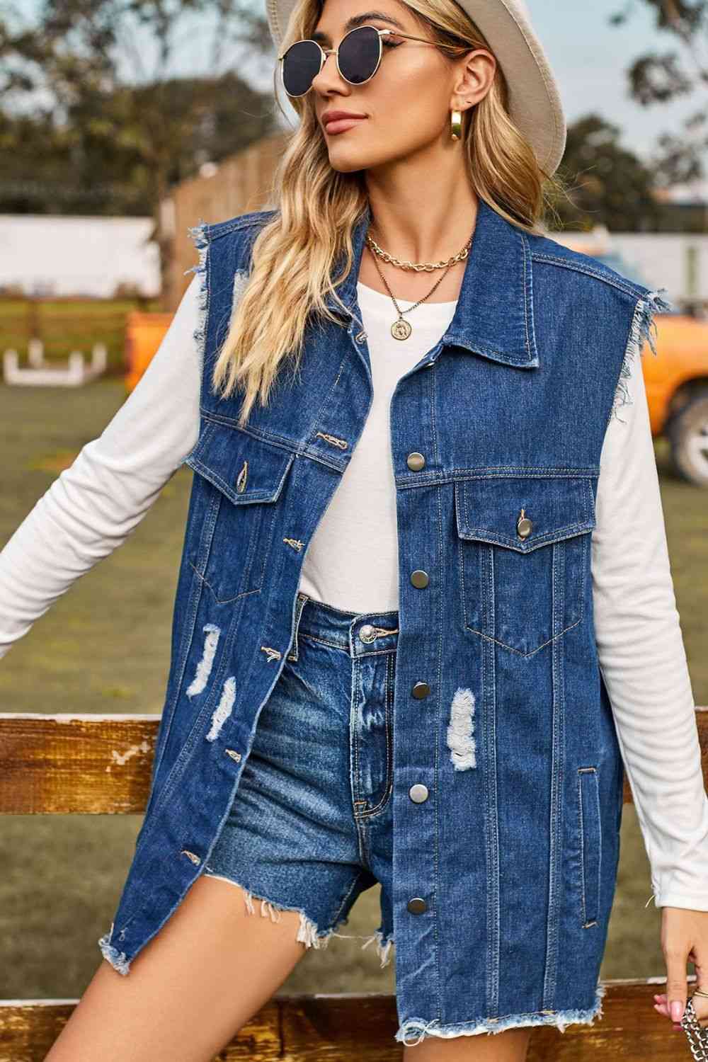 Stilla | Knap-oppet Krave Denim Top Med Lommer