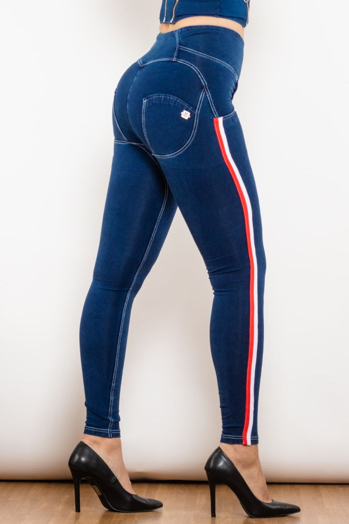 Stilla | Stribet Knappet Høj Talje Skinny Jeans
