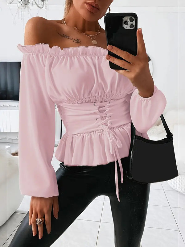 Stilla | Top Off Shoulder Top Med Justerbar Talje og Lange Ærmer