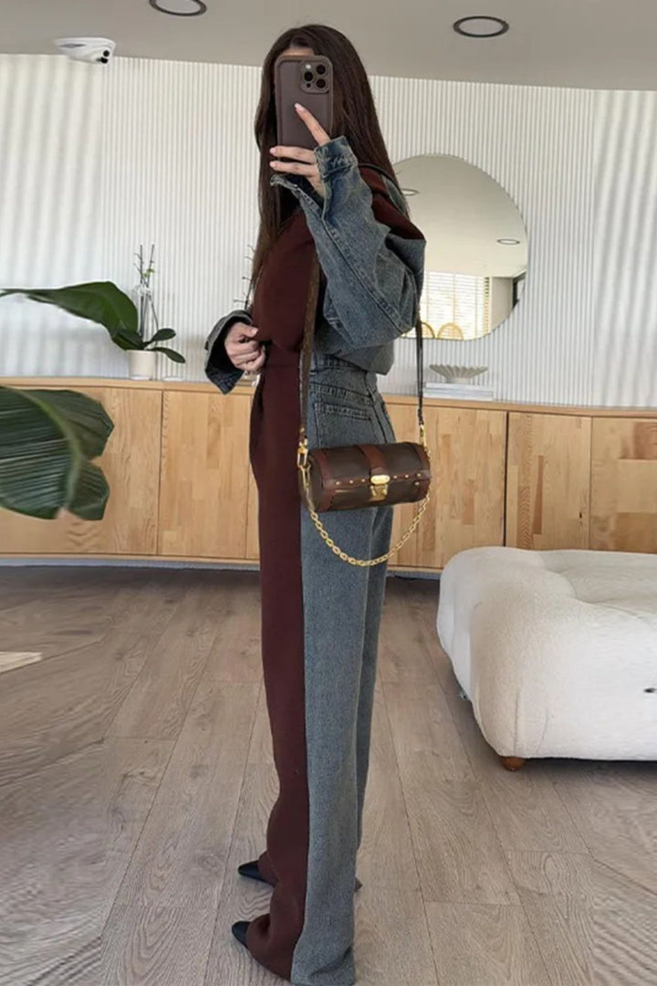Stilla | Casual Denim Patchwork Sweatshirt Jakke med Lynlås