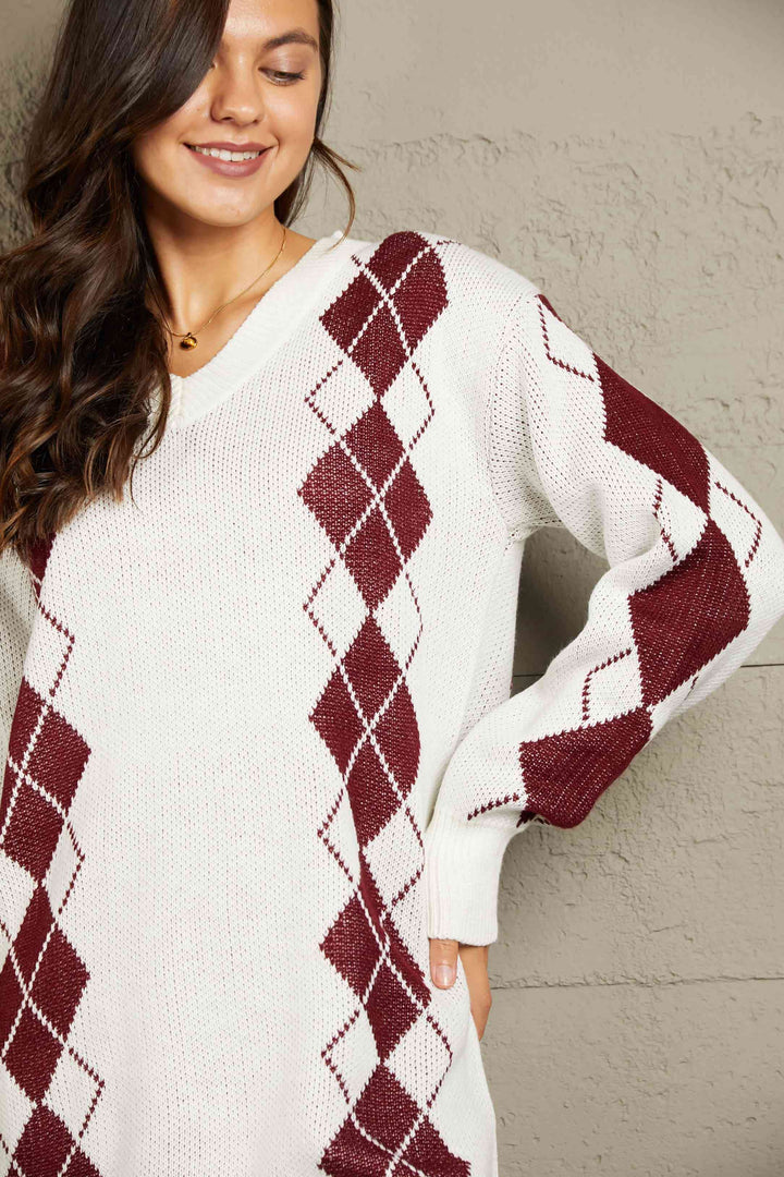 Stilla | Højre Argyle V-hals Ribbet Kant Sweater Kjole