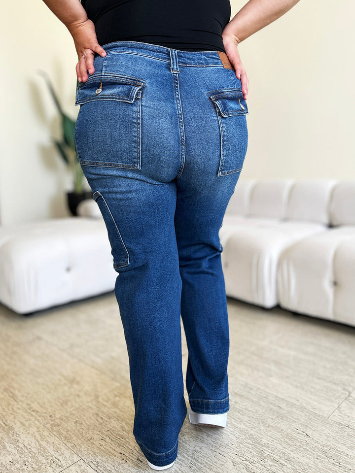 Stilla | Blå Fuld Størrelse Høj Talje Lige Cargo Jeans
