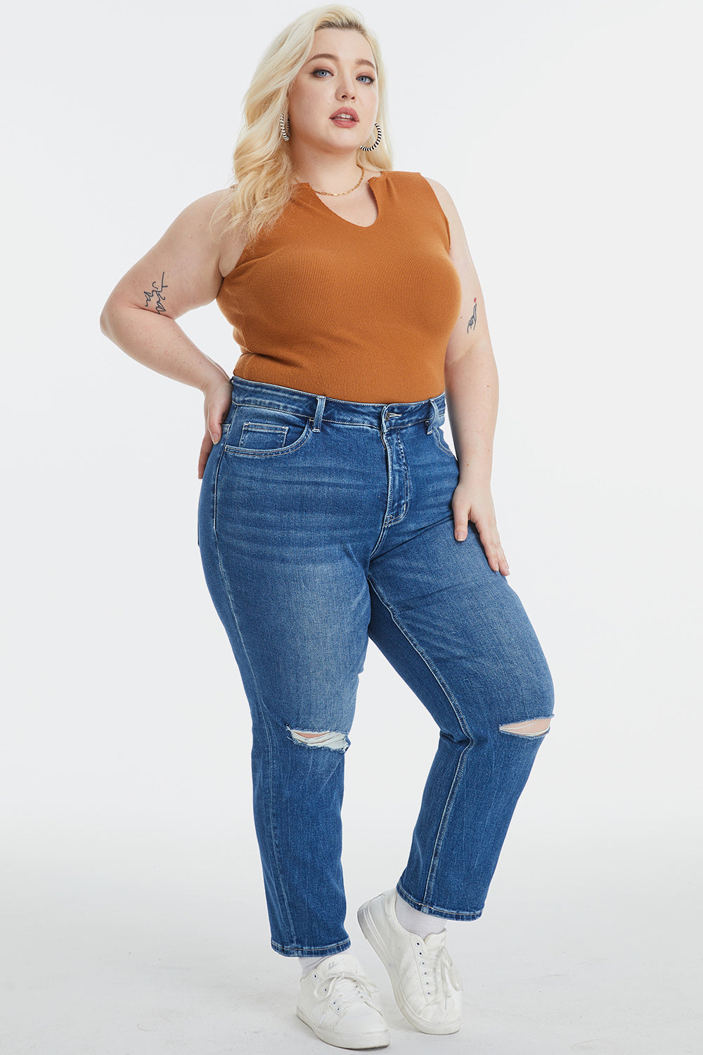 Stilla | Full Size Høj Talje Distressed Vasket Cropped Mom Jeans