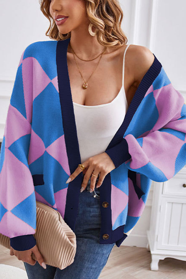 Stilla | Hals geometrisk patchwork kontraststrik cardigan casual løs jakke