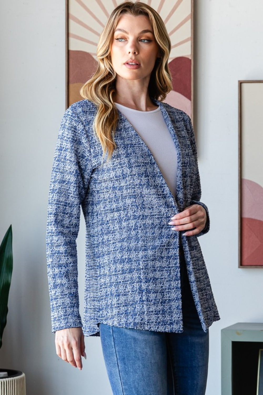 Stilla | Full Size Houndstooth Tweed Åben Front Blazer