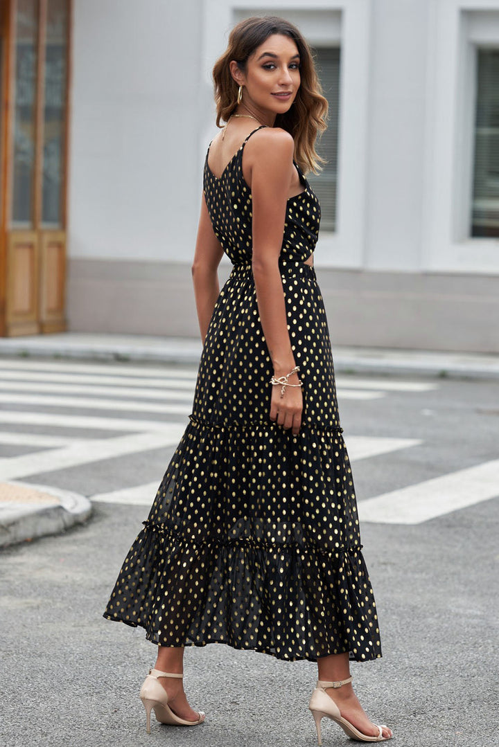 Stilla | Dot Cutout Spaghetti Strap Lagdelt Maxi Kjole
