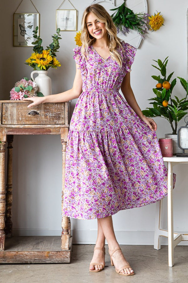 Stilla | J Printed V-hals Ruffled Midi Kjole