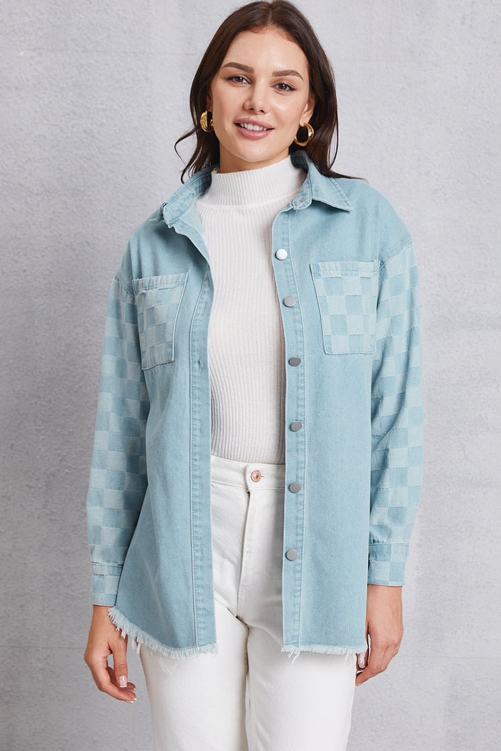 Stilla | Hem Tjekket Faldet Skulder Denim Jakke