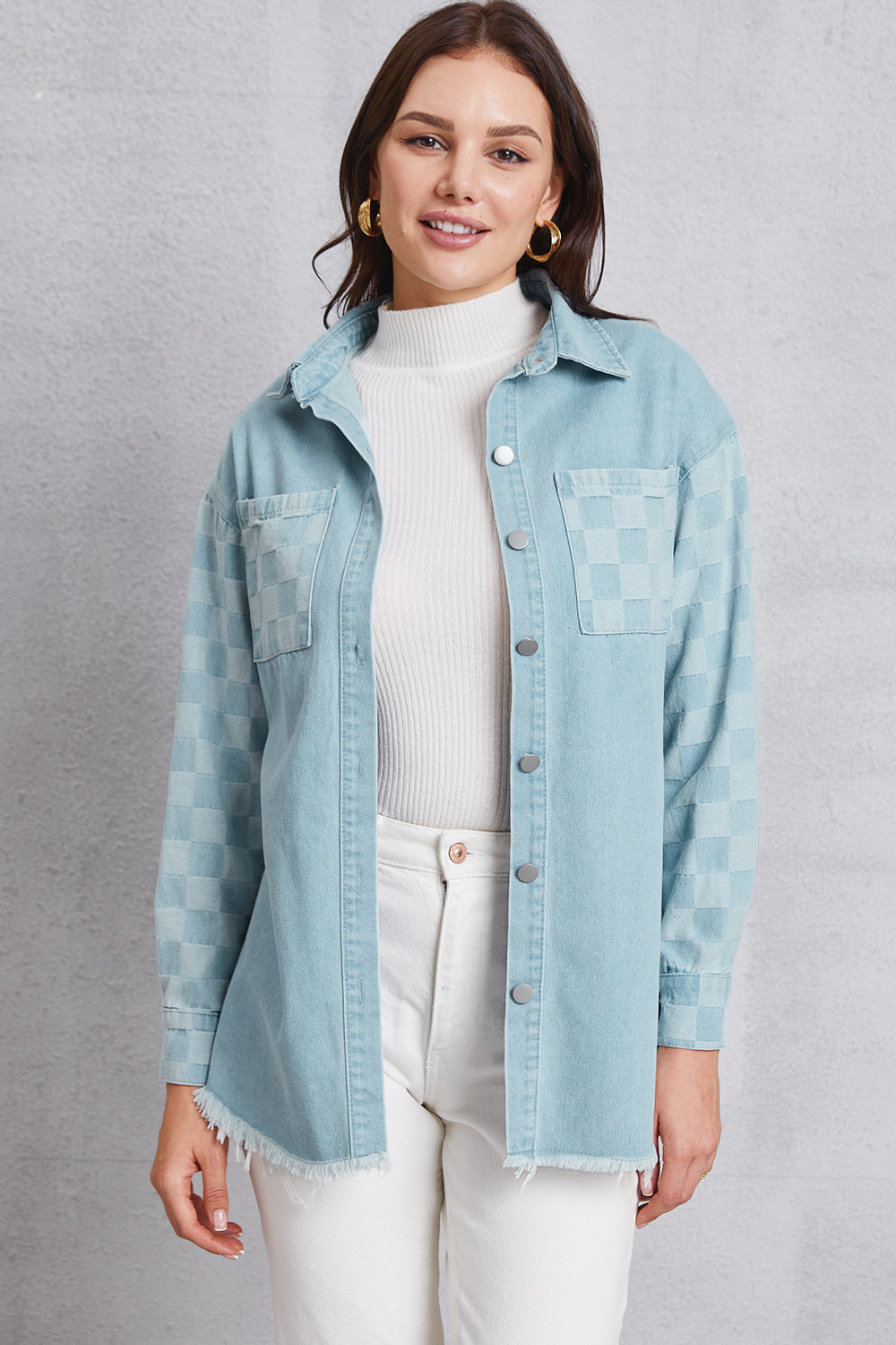 Stilla | Hem Tjekket Faldet Skulder Denim Jakke