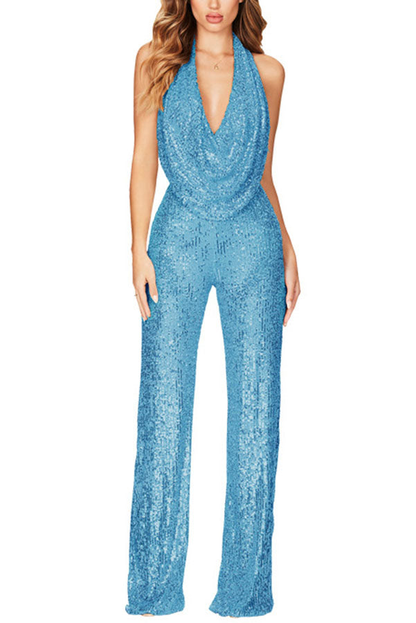 Stilla | Glitrende Halter Stil Draperet Hals Bred Ben Jumpsuit