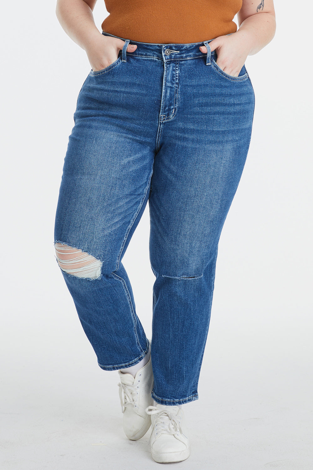 Stilla | Full Size Høj Talje Distressed Vasket Cropped Mom Jeans