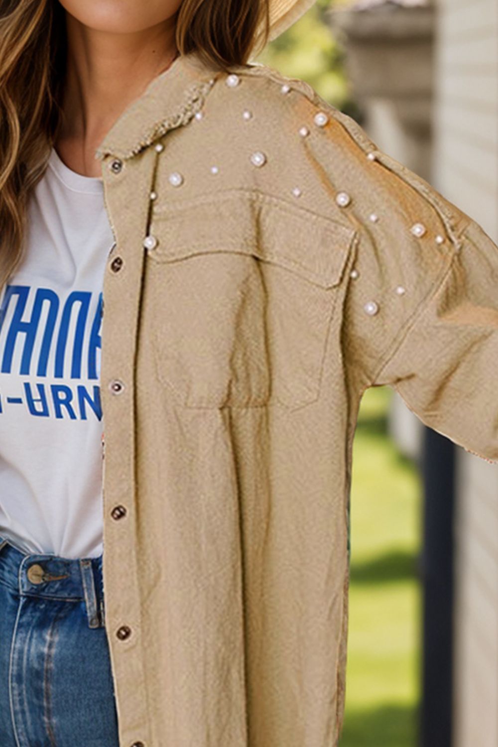 Stilla | Hem Pearl Trim Dropped Shoulder Denim Jacket